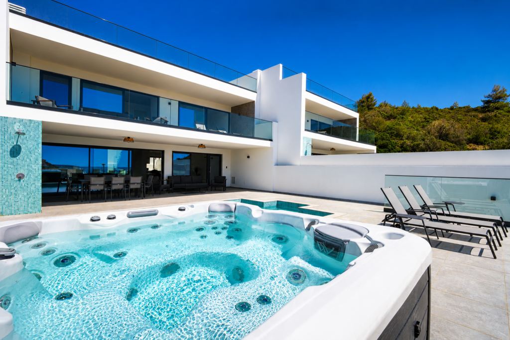 hot tub and poolside terrace
